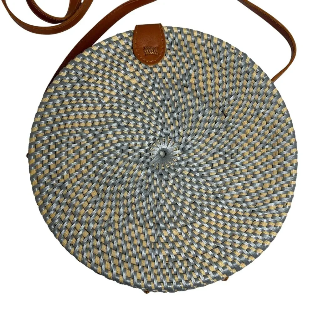 Round Rattan Wicker Purse Shoulder Bag Cross Body Shoulder Blue Tan